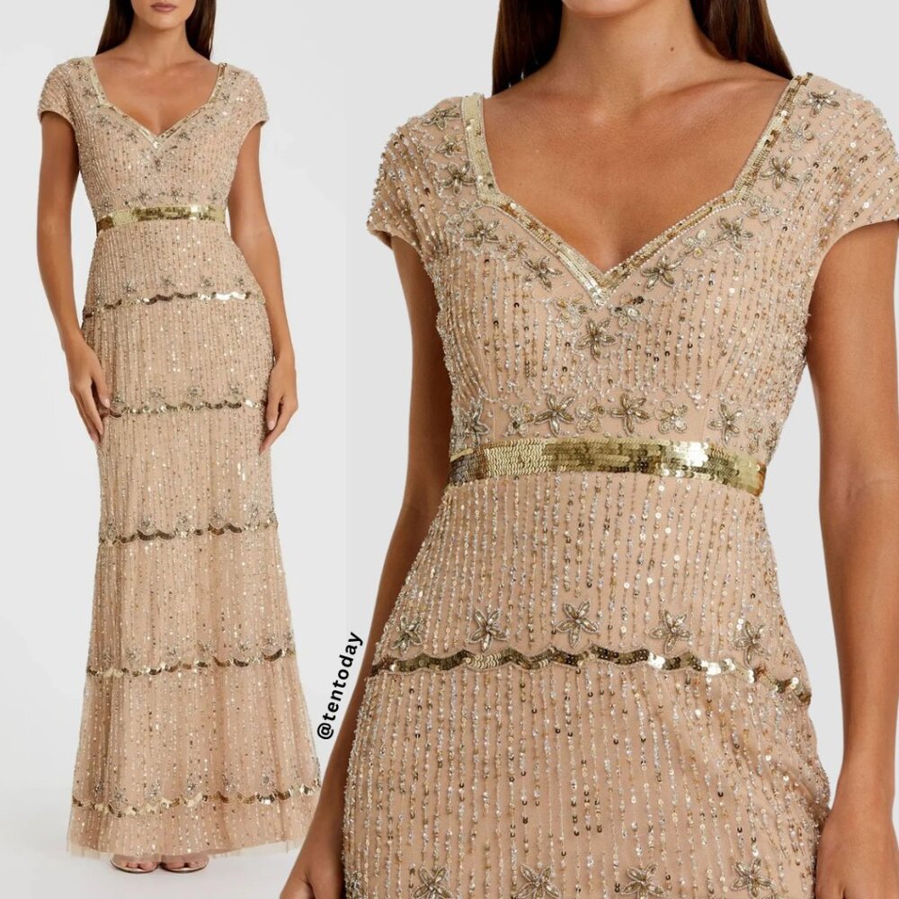 $698 Mac Duggal Size 4 Beaded Sequin Nude Beige Gold Long Column Gown Maxi Dress - Picture 2 of 6